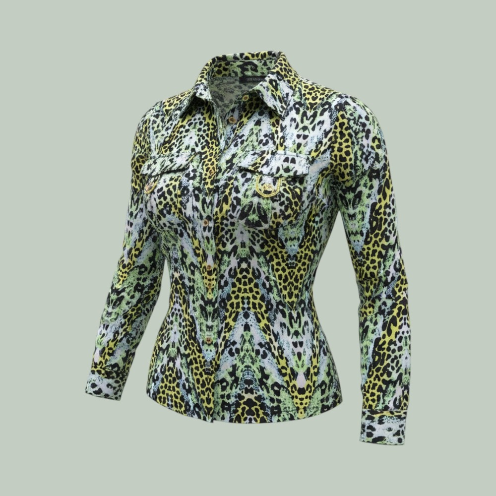 Peck & Peck Animal Print Blouse M Yellow Blue Cheetah Print Maximalist Career